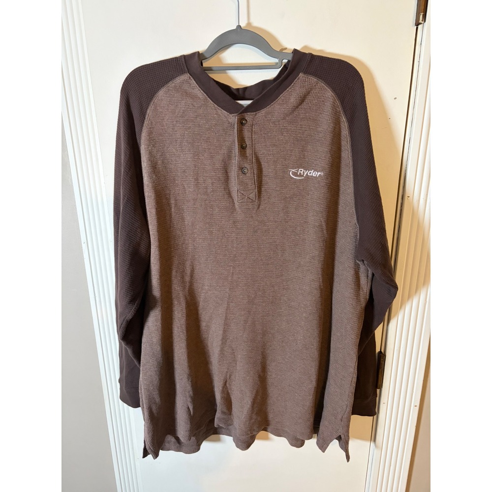 Ryder Mens Waffle Knit Henley Shirt Long Sleeve Two Tone Brown Raglan Tee